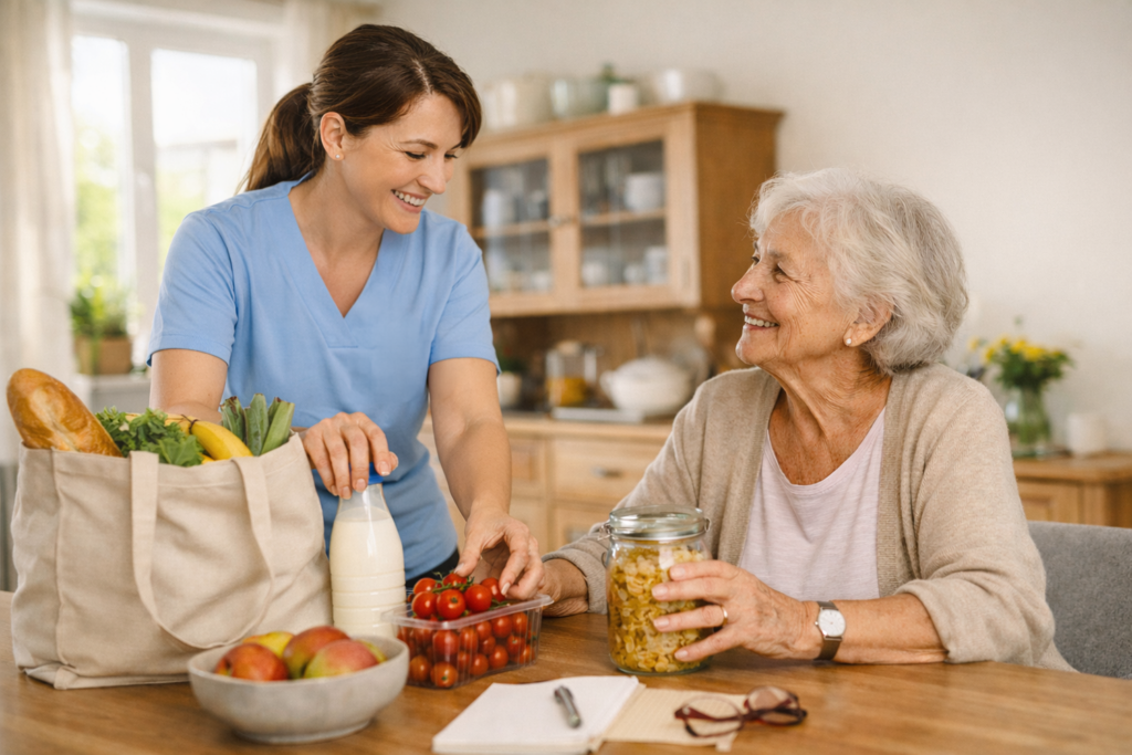 Freundliche Pflegekraft in hellblauem Kasack hilft einer Seniorin in der Küche beim Auspacken von Einkäufen und lächelt sie fürsorglich an – Alltagssituation der häuslichen Betreuung und hauswirtschaftlichen Unterstützung für ältere Menschen.
